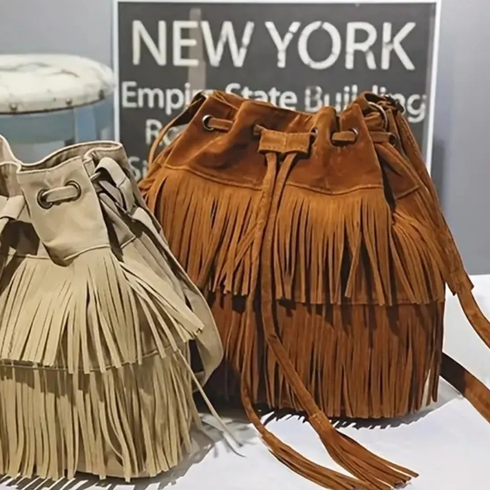 Dose of Daisy 🌼 Best Seller!!  BOHO Fringe Bucket Bag Vegan Leather Dark brown